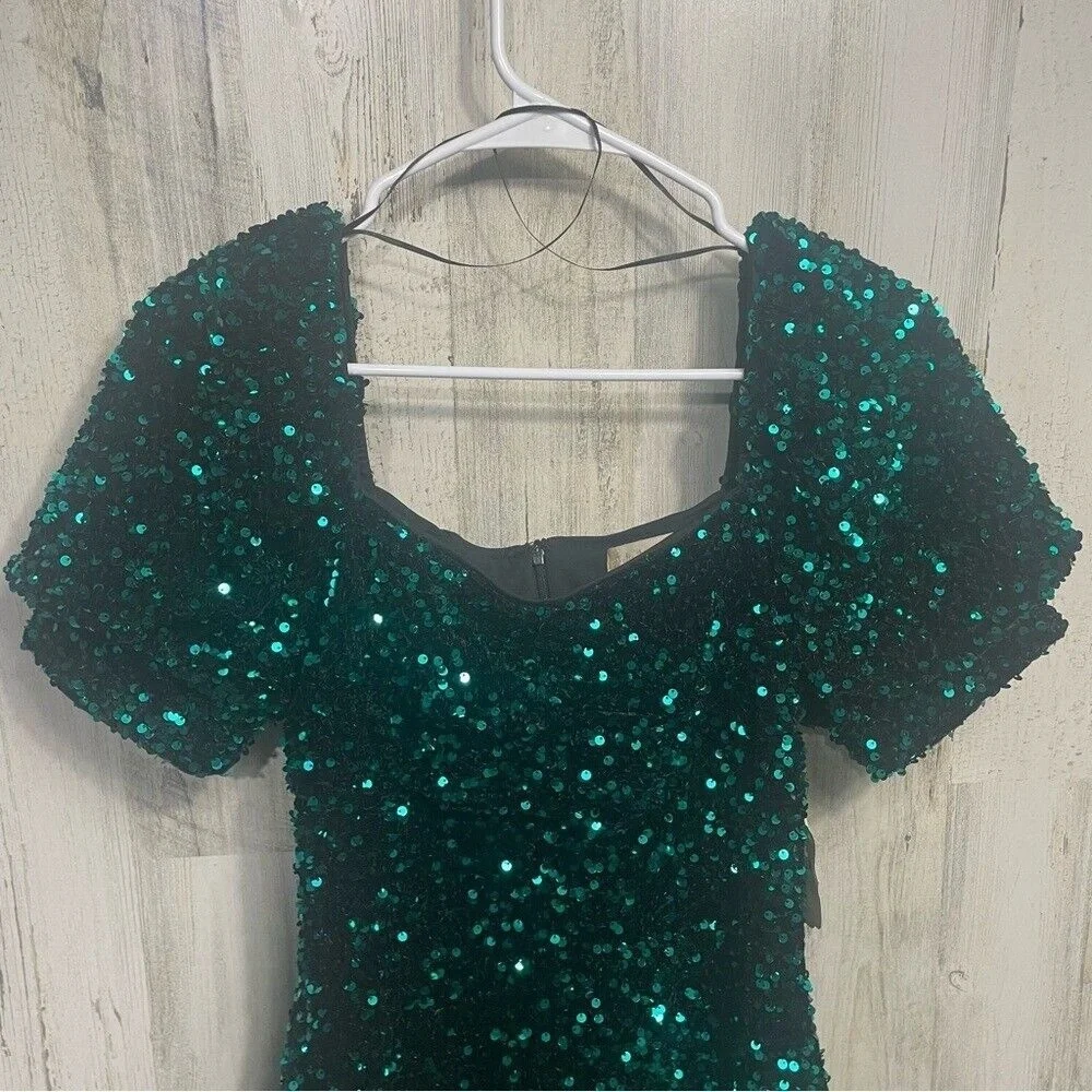 Altard State Candice Sequin Puff Sleeve Dress Green Hunter Black sz‎ M NWT Party